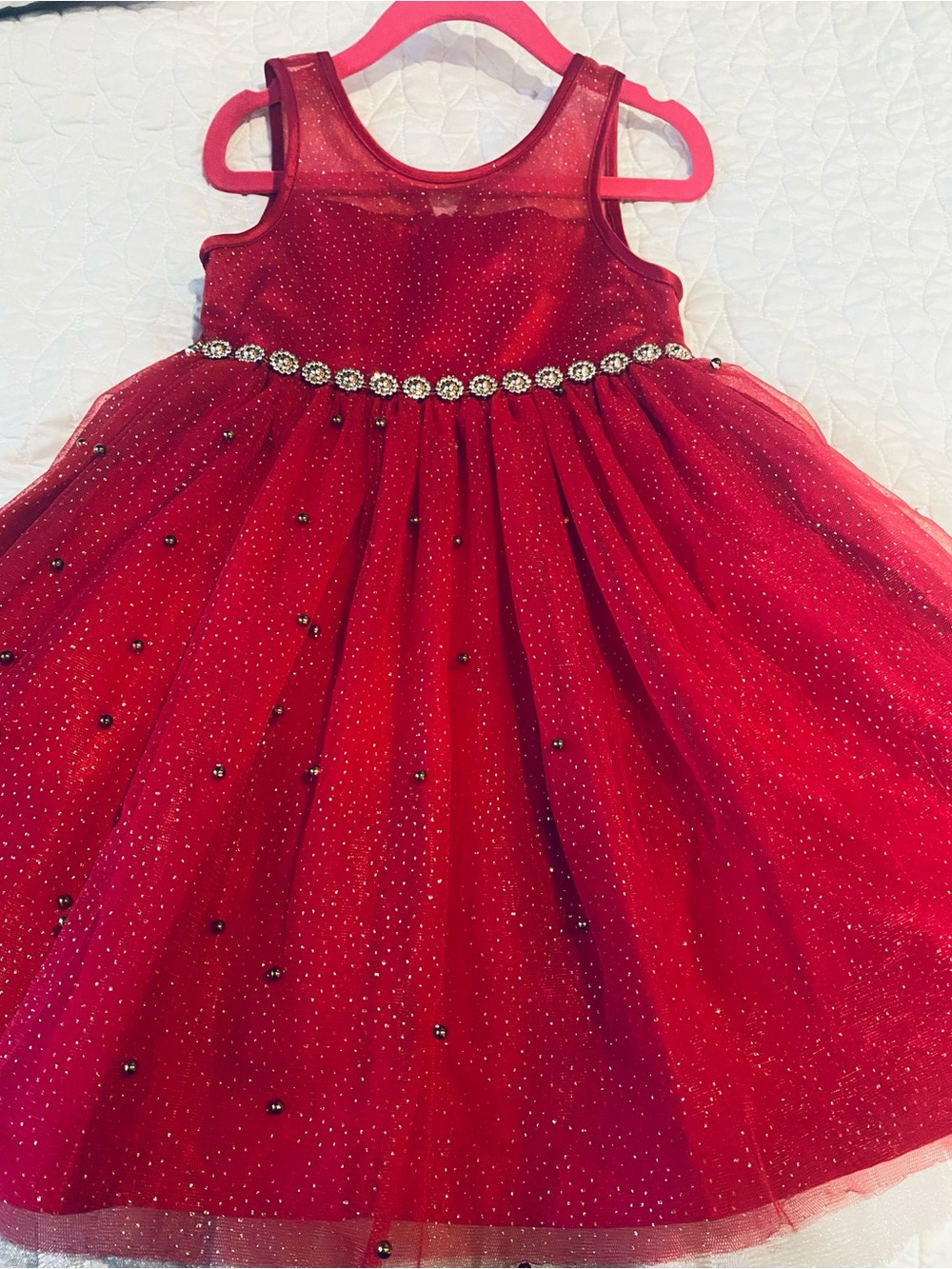 American Princess Red Glitter Tulle Dress with Jeweled Waist